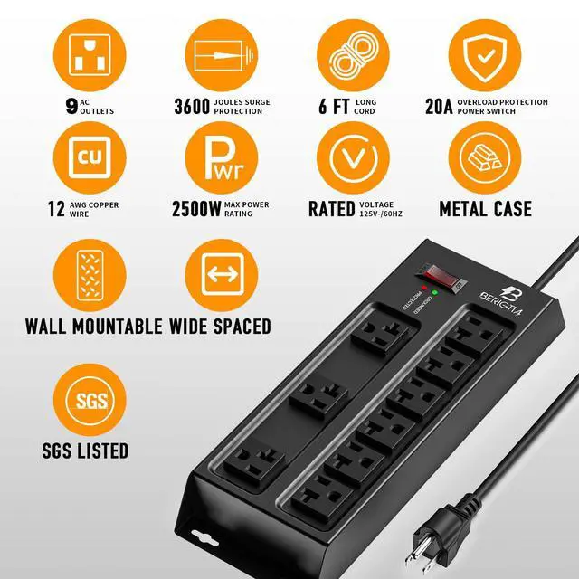 Alt view image 2 of 7 - Heavy Duty Metal Power Strip, 20 AMP Surge Protector with 9 Outlets, 12 Gauge Industrial Strength for Shop & Garage Use, 6 FT Extension Cord Included, Durable T-Slot Design (6FT)