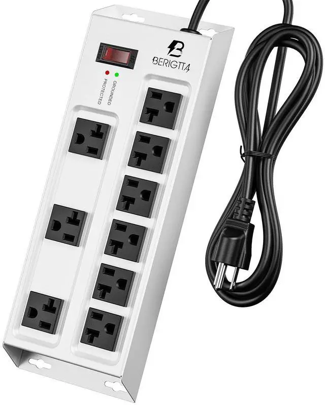 Main image of Magnetic Heavy Duty 20A Power Strip with Surge Protector, 9-Outlet Metal Junction Box with 6FT 12/3 Gauge Cord, for Garage, Workshop & Appliance (Silver)