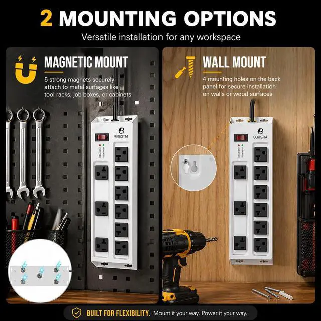Alt view image 2 of 7 - Magnetic Heavy Duty 20A Power Strip with Surge Protector, 9-Outlet Metal Junction Box with 6FT 12/3 Gauge Cord, for Garage, Workshop & Appliance (Silver)