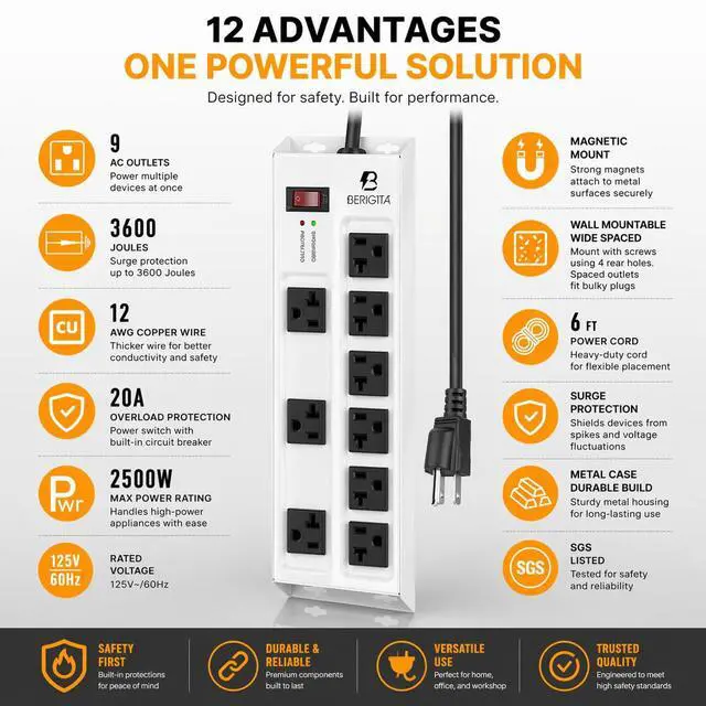 Alt view image 4 of 7 - Magnetic Heavy Duty 20A Power Strip with Surge Protector, 9-Outlet Metal Junction Box with 6FT 12/3 Gauge Cord, for Garage, Workshop & Appliance (Silver)
