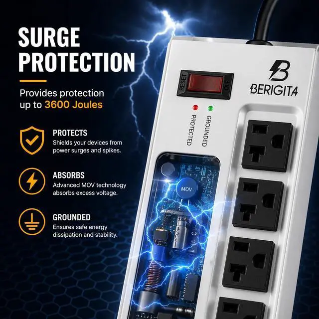 Alt view image 5 of 7 - Magnetic Heavy Duty 20A Power Strip with Surge Protector, 9-Outlet Metal Junction Box with 6FT 12/3 Gauge Cord, for Garage, Workshop & Appliance (Silver)
