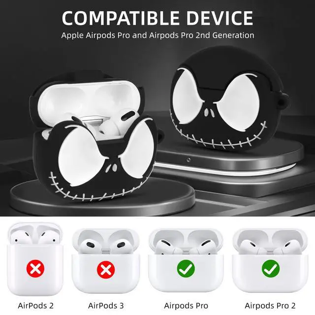 Alt view image 2 of 7 - for AirPods Pro Case/Pro 2nd Generation Case Cover with Cleaner kit, Black | Soft Silicone, Eyes Glowing in the Dark, 3D Funny Skull Cute Case for AirPod Pro/Pro 2 Case for Women Men