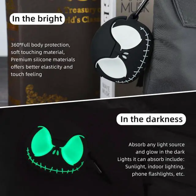 Alt view image 3 of 7 - for AirPods Pro Case/Pro 2nd Generation Case Cover with Cleaner kit, Black | Soft Silicone, Eyes Glowing in the Dark, 3D Funny Skull Cute Case for AirPod Pro/Pro 2 Case for Women Men