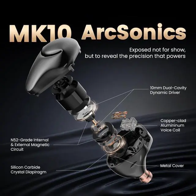 Alt view image 2 of 7 - MK10 ArcSonics in-Ear Monitors, 10mm SiC Diaphragm Dual-Magnetic Circuit Dual-Cavity Dynamique Driver, Zinc Alloy Armor Shell, 6 Sound Styles, Low Latency Gaming IEMs, 4.4 mm OFC Cable