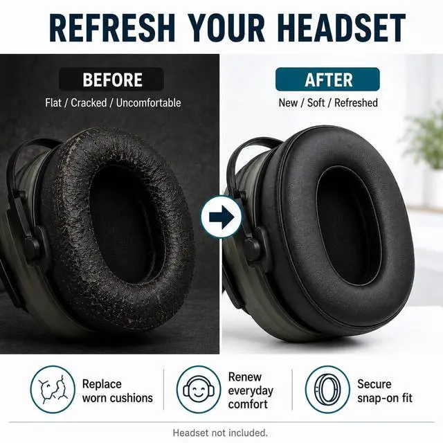 Alt view image 6 of 6 - Leather Ear Pads for 3M Peltor & WorkTunes Headsets | Compatible with Tactical 100 300 500, Compatible with Rangeguard, Protein Leather Memory Foam, Skin-Friendly, Noise Isolation