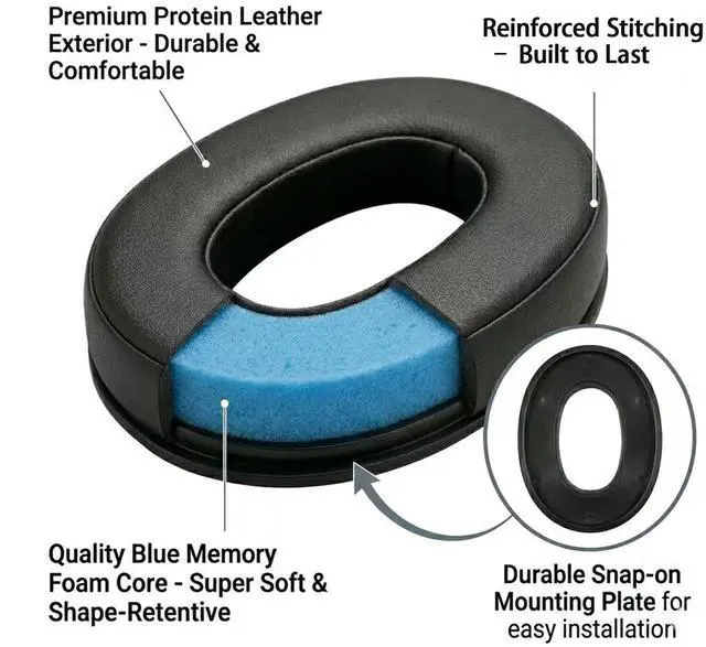 Alt view image 4 of 6 - Leather Ear Pads for 3M Peltor & WorkTunes Headsets | Compatible with Tactical 100 300 500, Compatible with Rangeguard, Protein Leather Memory Foam, Skin-Friendly, Noise Isolation