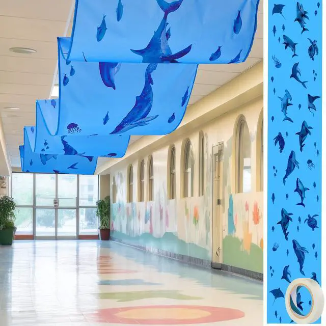 Main image of 32 Inch x 16 ft Under The Ocean Classroom Decorations Shark Whale Ceiling Decor Sea Animal Hanging Banner Blue Fish Covers for Summer Vbs Pool Baby Shower Preschool Kindergarden Daycare