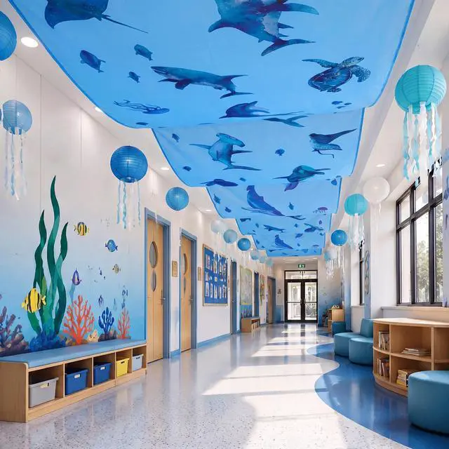 Alt view image 7 of 7 - 32 Inch x 16 ft Under The Ocean Classroom Decorations Shark Whale Ceiling Decor Sea Animal Hanging Banner Blue Fish Covers for Summer Vbs Pool Baby Shower Preschool Kindergarden Daycare
