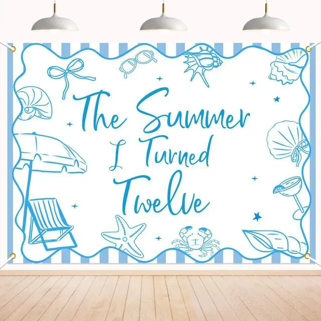 Main image of The Summer I Turned 12 Backdrop - Summer Tropical Pool 12th Birthday Decor, Summer Beach 12th Birthday Party Decorations 7x5ft