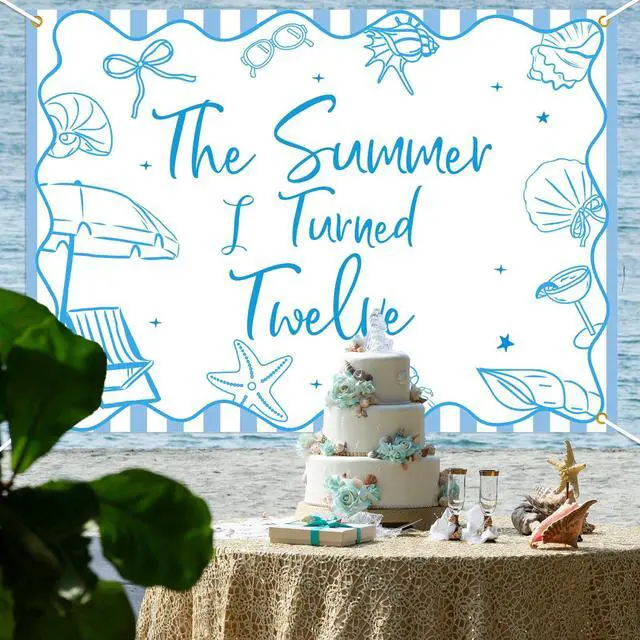 Alt view image 3 of 6 - The Summer I Turned 12 Backdrop - Summer Tropical Pool 12th Birthday Decor, Summer Beach 12th Birthday Party Decorations 7x5ft