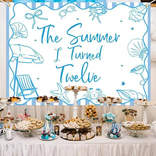 Alt view image 5 of 6 - The Summer I Turned 12 Backdrop - Summer Tropical Pool 12th Birthday Decor, Summer Beach 12th Birthday Party Decorations 7x5ft