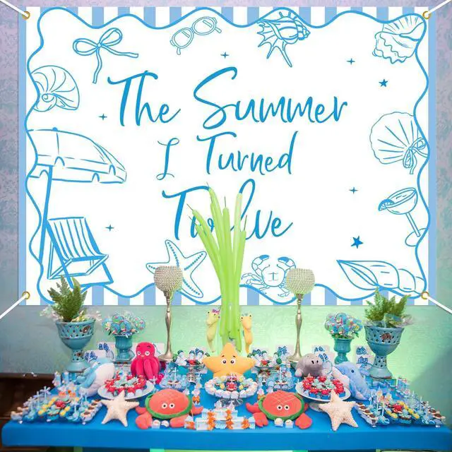 Alt view image 4 of 6 - The Summer I Turned 12 Backdrop - Summer Tropical Pool 12th Birthday Decor, Summer Beach 12th Birthday Party Decorations 7x5ft