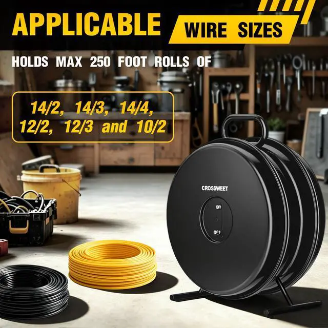 Alt view image 2 of 7 - Upgraded 415D Wire Dispenser Wheel, Dual Capacity 2-Reel Wire Dispenser with Easy Grip Handle & Aluminum Reel, Compatible with 250ft 14/2 14/3 14/4 12/2 12/3 10/2 Electrical Wire Rolls