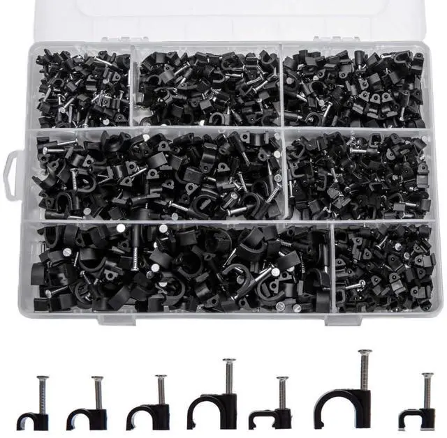 Main image of 700 Pcs Cable Clips with Steel Nails, Nail in Cable Clips, Black 4/5/6/8/10mm Cable Wire Clips, Cable Wall Clips, Wire Staples Cord Clips with Nails for Speaker Ethernet Cords Wires