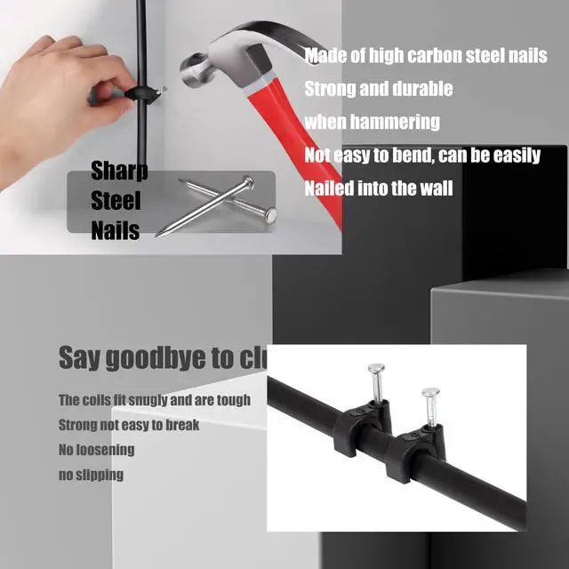 Alt view image 5 of 7 - 700 Pcs Cable Clips with Steel Nails, Nail in Cable Clips, Black 4/5/6/8/10mm Cable Wire Clips, Cable Wall Clips, Wire Staples Cord Clips with Nails for Speaker Ethernet Cords Wires