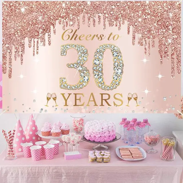 Alt view image 4 of 6 - 30th Birthday Decorations Cheers to 30 Years Banner for Her Women | Pink Rose Gold Happy 30th Birthday Thirty Years Old Backdrop Poster Background Photo Booth Props Decor Party Supplies