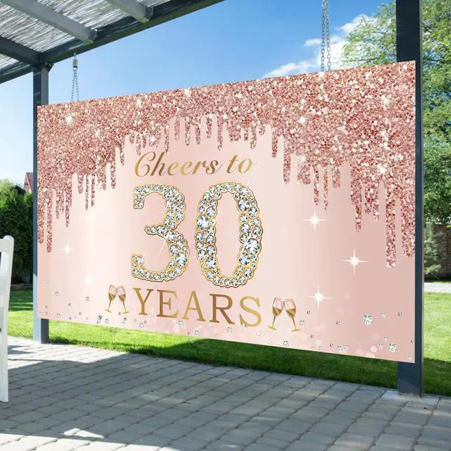 Alt view image 3 of 6 - 30th Birthday Decorations Cheers to 30 Years Banner for Her Women | Pink Rose Gold Happy 30th Birthday Thirty Years Old Backdrop Poster Background Photo Booth Props Decor Party Supplies