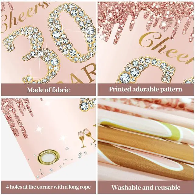 Alt view image 6 of 6 - 30th Birthday Decorations Cheers to 30 Years Banner for Her Women | Pink Rose Gold Happy 30th Birthday Thirty Years Old Backdrop Poster Background Photo Booth Props Decor Party Supplies