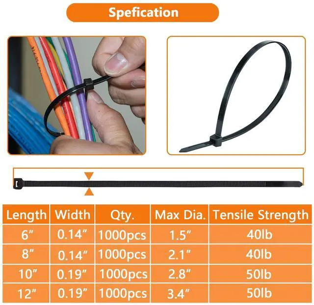 Alt view image 2 of 6 - 1000Pcs Black Zip Ties 6 Inch Bulk Small Cable Ties 6 In Heavy Duty Outdoor 40lbs, Mini Nylon Wire Ties 1000 Pack, Plastic Zip Tie Wraps, Zipties