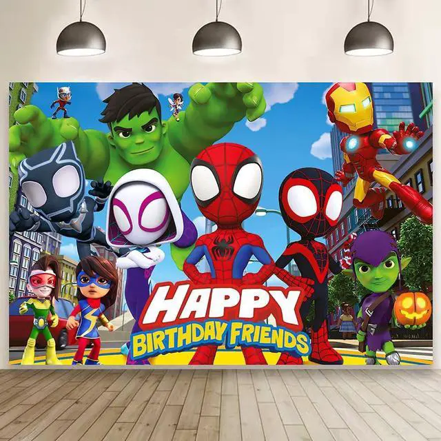 Main image of Spider and Friends Birthday Decorations,Spider and Friends Happy Birthday Banner Backdrop for Kids Birthday Party Supplies (5x3ft)