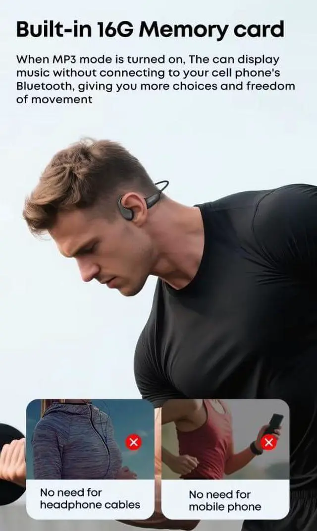 Alt view image 6 of 6 - Bone Conduction Headphones, Bluetooth Wireless Sports Headband, 16GB MP3, Open Ear Design, IPX8 Waterproof (Black & Gray)