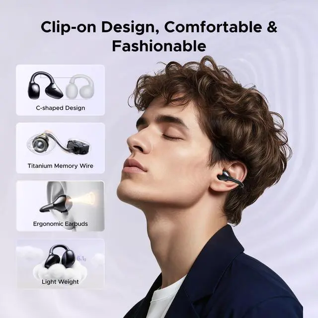 Alt view image 4 of 7 - ClipBuds Pro Open Ear Earbuds ANC Clip-on Wireless Headphones | Hi-Res LDAC, Adaptive ANC, Spatial Audio, Bluetooth 6.0, 6 Mic, Dual Connect, 32H Playtime, Titanium Wire, IPX5 Waterproof