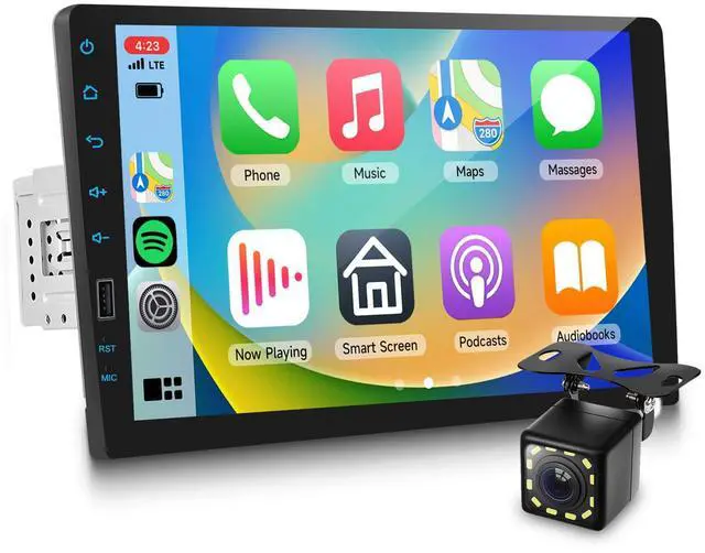 Main image of Single DIN Wireless CarPlay & Android Auto IPS Touchscreen Stereo, 9-Inch Bluetooth AM/FM Radio with Backup Camera, Steering Wheel Control, EQ, USB