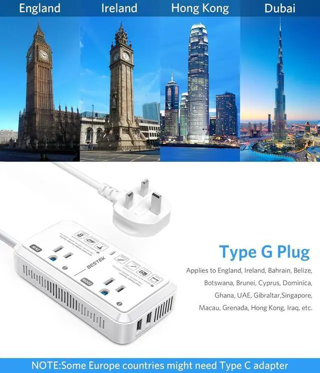 Alt view image 2 of 7 - US to UK Plug Adapter Voltage Converter 2000W 220V to 110V Converter with 2 USB Ports and Type G Adapter for UK Ireland Scotland and Hong Kong
