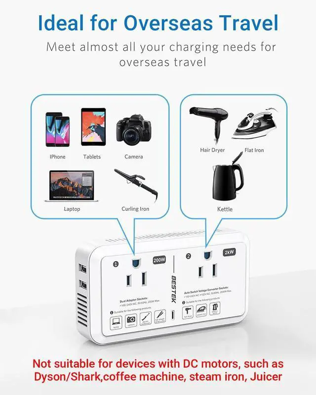 Alt view image 4 of 7 - US to UK Plug Adapter Voltage Converter 2000W 220V to 110V Converter with 2 USB Ports and Type G Adapter for UK Ireland Scotland and Hong Kong