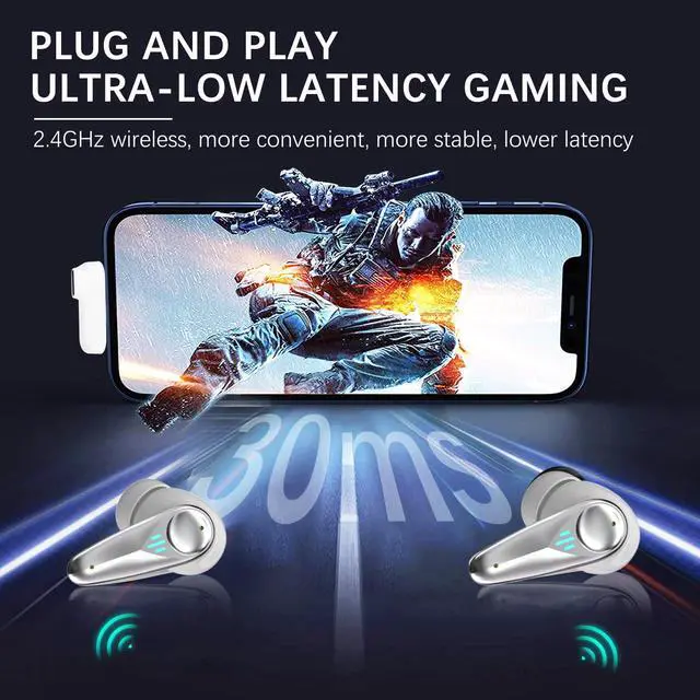Alt view image 5 of 7 - 2.4GHZ Wireless Gaming Earbuds,30MS Low-Latency,Bluetooth 5.4,with ANC Active Noise Cancelling,USB-C Dongle Included-Compatible with Meta Quest 3/2,Steam Deck,PS5/4,VR,PC,Switch (Whlte)