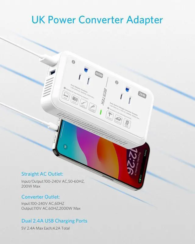 Alt view image 6 of 7 - US to UK Plug Adapter Voltage Converter 2000W 220V to 110V Converter with 2 USB Ports and Type G Adapter for UK Ireland Scotland and Hong Kong