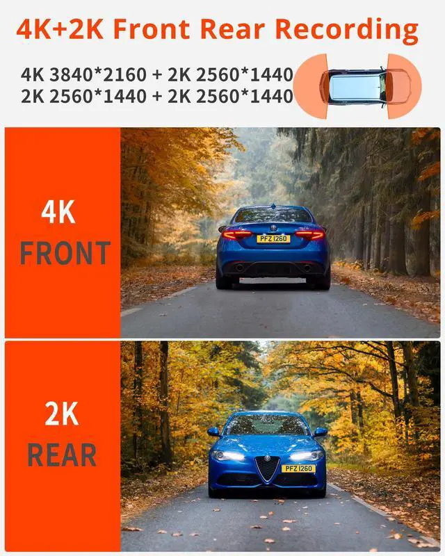 Alt view image 2 of 7 - D4PRO Dash Cam Front and Rear - 4K + 2K Dual Car Dashcam with WiFi GPS Dash Camera, Optional Inside Recording, Voice Control, Type C, Support 256GB Max