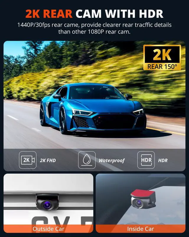 Alt view image 6 of 7 - D4PRO Dash Cam Front and Rear - 4K + 2K Dual Car Dashcam with WiFi GPS Dash Camera, Optional Inside Recording, Voice Control, Type C, Support 256GB Max