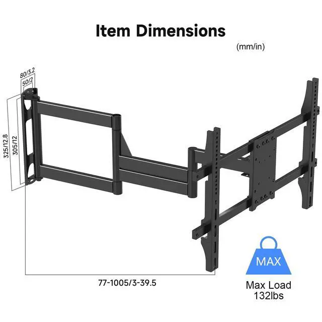 Alt view image 7 of 7 - 40" Full Motion TV Mount for 32-82" TVs, 132 lbs max, VESA 600x400mm. Swivel, tilt & Corner fit. Heavy Duty for LED/OLED/QLED. Model MA1078L