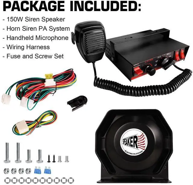 Alt view image 7 of 7 - 150W Emergency Vehicle Siren with PA System - 108-134dB Police/Fire Truck Sirens, Yelp/Wail/Hi-Lo Modes, IP67 Waterproof, Includes Mic & Speaker for Car PA Systems | Truck pa System kit