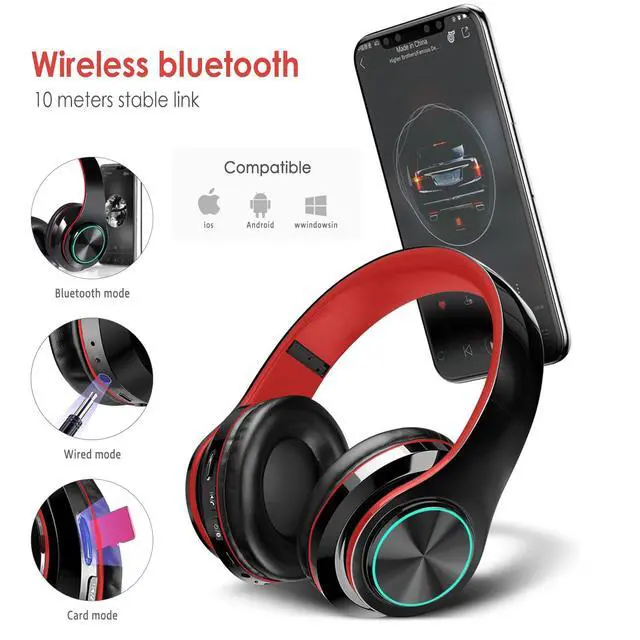 Alt view image 2 of 7 - 2022 Wireless Bluetooth Headphones,Colorful LED Lights Comfort Over Ear Foldable Headset with Built-in Microphone,FM,SD Card Slot,Wired for School/Tablet Computer/PC/TV/Cellphones/Travel