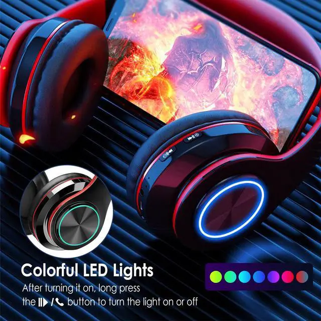 Alt view image 3 of 7 - 2022 Wireless Bluetooth Headphones,Colorful LED Lights Comfort Over Ear Foldable Headset with Built-in Microphone,FM,SD Card Slot,Wired for School/Tablet Computer/PC/TV/Cellphones/Travel