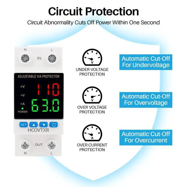 Alt view image 5 of 7 - Aadjustable Circuit Breaker 110V 63A Smart Circuit Breaker Over and Under Voltage Protector Adjustable Voltage Regulator with LED Display for Home RV Solar Systems(Dual Display, 63A)