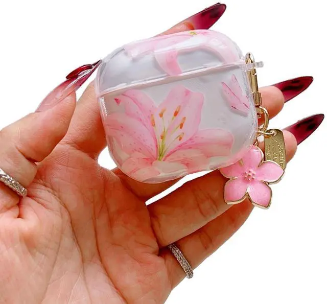 Main image of Compatible for AirPods 4 Case Soft TPU with Cleaner Kit Cute Flowers Aesthetic Design Printed Lily Flower Shockproof Keychain Cover for Girls Woman-Pink