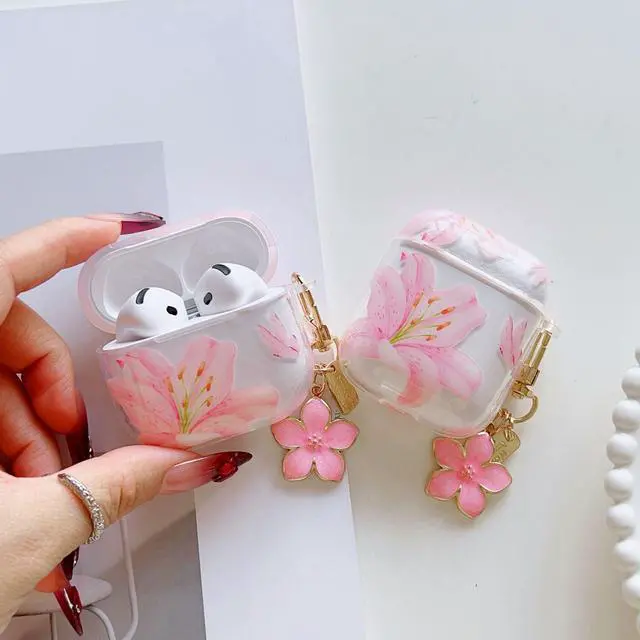 Alt view image 2 of 7 - Compatible for AirPods 4 Case Soft TPU with Cleaner Kit Cute Flowers Aesthetic Design Printed Lily Flower Shockproof Keychain Cover for Girls Woman-Pink