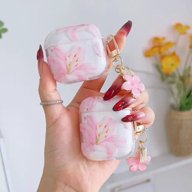 Alt view image 4 of 7 - Compatible for AirPods 4 Case Soft TPU with Cleaner Kit Cute Flowers Aesthetic Design Printed Lily Flower Shockproof Keychain Cover for Girls Woman-Pink