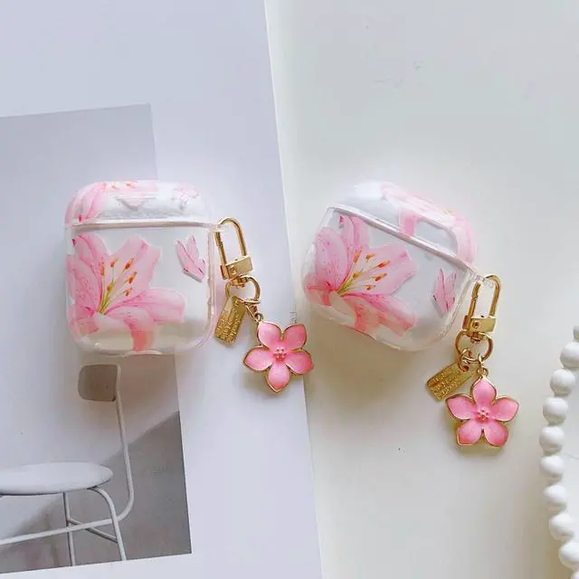 Alt view image 5 of 7 - Compatible for AirPods 4 Case Soft TPU with Cleaner Kit Cute Flowers Aesthetic Design Printed Lily Flower Shockproof Keychain Cover for Girls Woman-Pink
