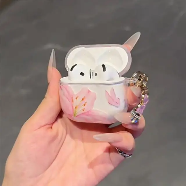Alt view image 7 of 7 - Compatible for AirPods 4 Case Soft TPU with Cleaner Kit Cute Flowers Aesthetic Design Printed Lily Flower Shockproof Keychain Cover for Girls Woman-Pink