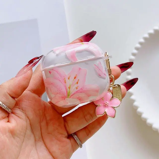 Alt view image 3 of 7 - Compatible for AirPods 4 Case Soft TPU with Cleaner Kit Cute Flowers Aesthetic Design Printed Lily Flower Shockproof Keychain Cover for Girls Woman-Pink