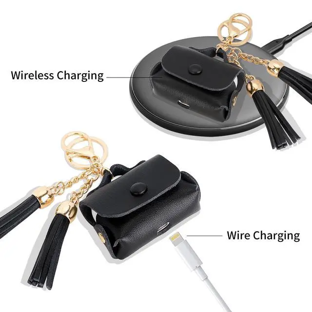 Alt view image 3 of 7 - Charging Case Cover for Apple Air Pods Pro, Genuine Leather Case with a Couple of Drooping Tassels for Apple AirPods Pro 1st (2019) / AirPods Pro 2nd (2022) Charging Case - Black