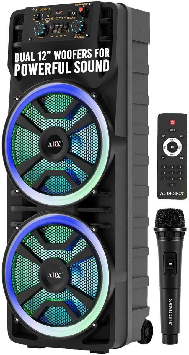 Main image of Bluetooth Party Speaker with Wireless Mics, Dual 12" Woofers | RGB Party Lights, AUX Input, Rechargeable Battery, Remote Control Included, 37" Tall Design, Deep Bass Performance