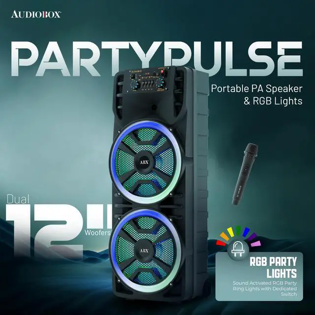 Alt view image 5 of 6 - Bluetooth Party Speaker with Wireless Mics, Dual 12" Woofers | RGB Party Lights, AUX Input, Rechargeable Battery, Remote Control Included, 37" Tall Design, Deep Bass Performance