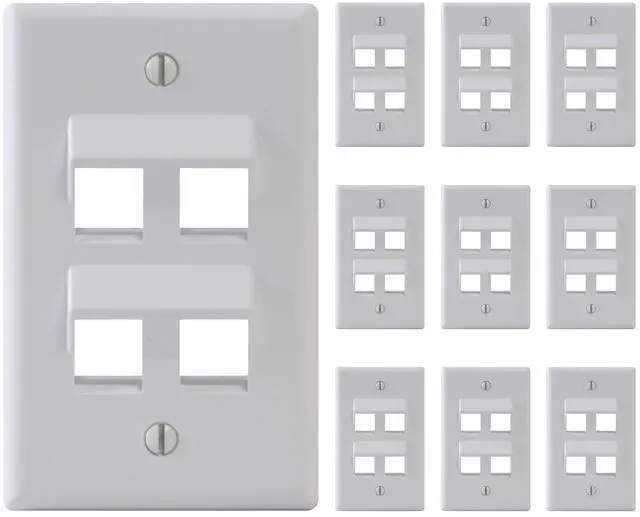 Main image of Angled 4-Port Keystone Wall Plate (10 Pack), UL Listed, Durable ABS Plastic, Single Gang Wall Plate for RJ45 Modular Inserts, White