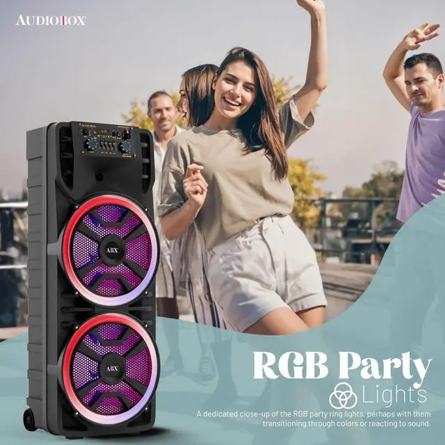 Alt view image 4 of 6 - Bluetooth Party Speaker with Wireless Mics, Dual 12" Woofers | RGB Party Lights, AUX Input, Rechargeable Battery, Remote Control Included, 37" Tall Design, Deep Bass Performance