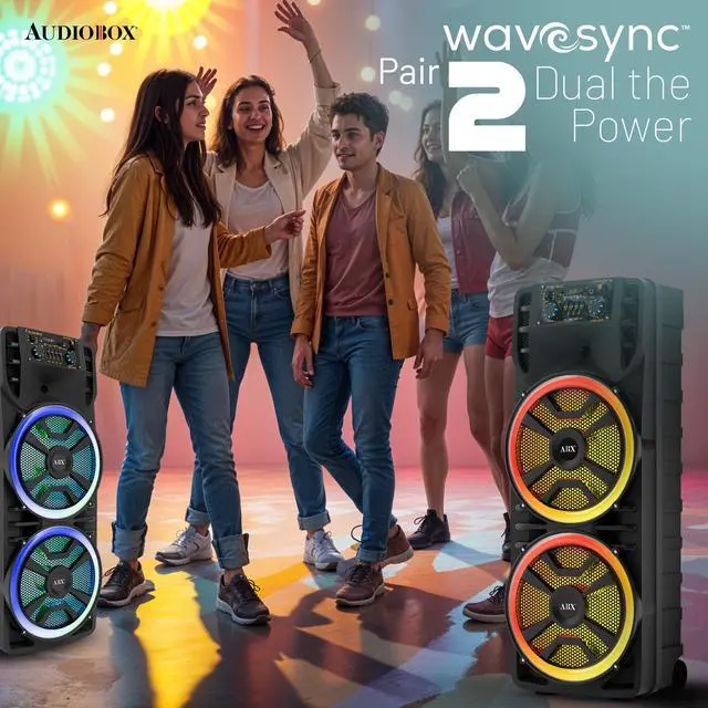 Alt view image 2 of 6 - Bluetooth Party Speaker with Wireless Mics, Dual 12" Woofers | RGB Party Lights, AUX Input, Rechargeable Battery, Remote Control Included, 37" Tall Design, Deep Bass Performance